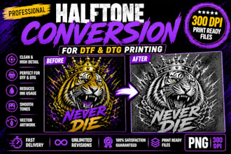 create, vectorize print ready halftone artwork for dtf and dtg printing