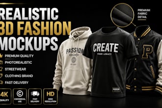 create realistic 3d fashion mockups for clothing brands and streetwear