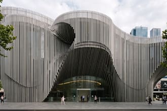 redesign urban pedestrian plaza,sculptural facade render,vertical metal slat,dwg