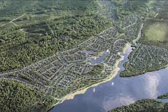 create photorealistic waterfront master plan rendering 3d urban site planning