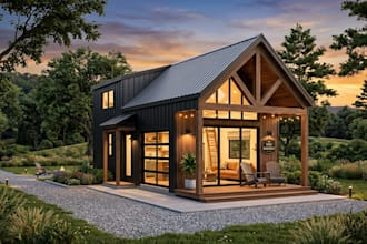 create tiny house design, modern home plan and photorealistic 3d rendering