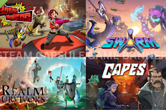 design steam capsule, game banner, concept art logo, store page, video game ui