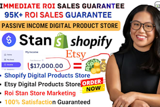 setup ROI 7 figure shopify digital product, stan store design, etsy seo shop