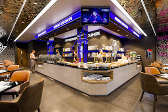enhance 3d modern restaurant, bar buffet,seating lounge, esport arena,led render