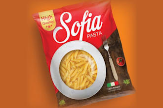 create modern pasta packaging and label design with logo