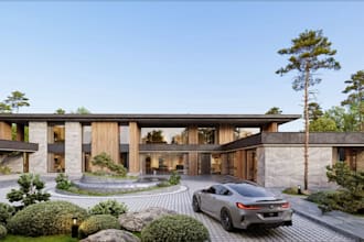 upgrade 3d modern countryside villa,private home residence,glass exterior render