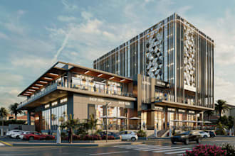 lighting conceptual building facade,strip mall complex,glass curtain wall render