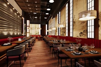 buildup 3d interior renders for japanese restaurants, luxury hospitality space