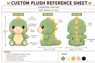 create custom plush toy reference sheet stuffed animal for prototyping