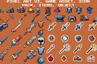create unique pixel game assets icons rpg props object items UI character design