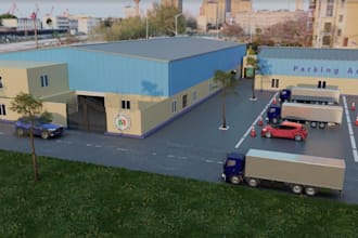 photorealistic 3d industrial exterior, interior design, factory warehouse spaces