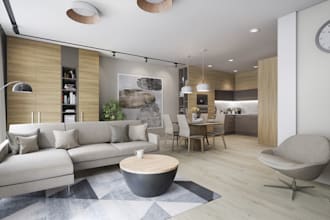 visualize high end contemporary interior design, 3d furniture layout, cgi render
