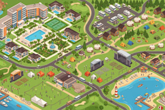 create 3d isometric resort, campground, tourist and event maps