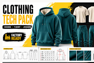 create fashion tech pack, hoodie, tshirt,joggers, clothing tech with flat sketch