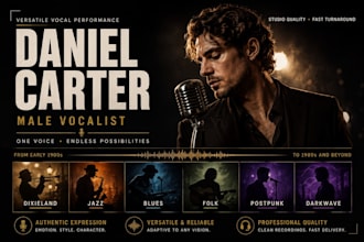 be your male vocalist for dixieland, postpunk, jazz, blues, darkwave, folk