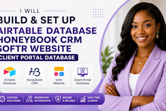 build airtable database, honeybook crm, softr website, client portal database