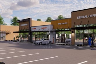 turn 2d plan to 3d shopping center, retail strip mall design,outlet store render