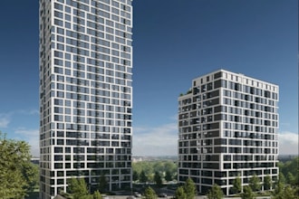 construct multi story residential building,dual tower,cityscape visual,rendering