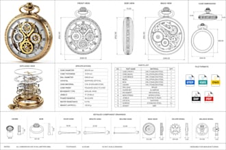 create detailed complicated watch cad drawing, cad design, techpack and cad file