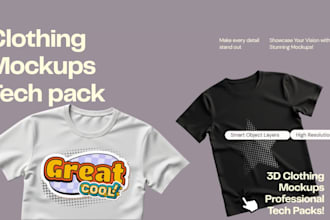 design custom tshirts mockups, flat sketches and manufacturer ready tech pack