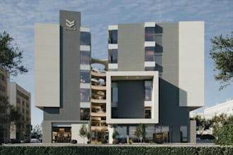 restyle modern 3d commercial apartment building, external complex, cgi rendering
