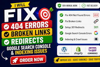 fix 404 errors, broken links, redirects, google search console, indexing issues