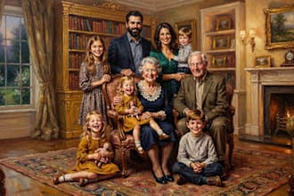 paint a family portrait into a digital painting with oil painting