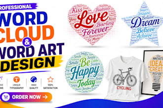 design unique typography word cloud or word art t shirt, logo and custom shape