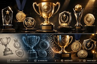 convert 2d to 3d trophy model awards medal badges for 3d rendering and 3d print