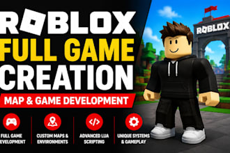 build complete roblox game, map, roblox lobby, animation and roblox scripter