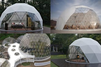 design geodesic dome, glamping dome, tiny home with realistic 3d rendering