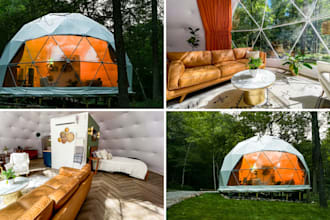 design geodesic dome, glamping dome, tiny home with realistic 3d rendering