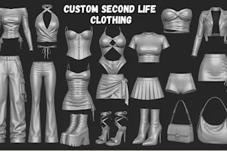 design, rig and texture 3d clothing mesh, outfit mesh for second life clothing