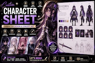 create anime character design, character sheet and reference sheet
