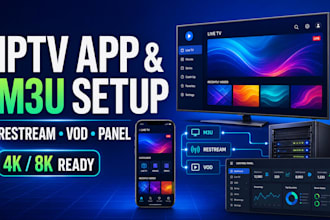 create m3u playlist, restream server, vod, live tv app, 8k server with panel