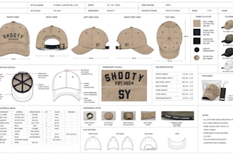 create cap tech pack and headwear tech pack for trucker caps and streetwear caps