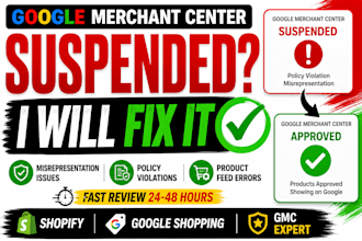 fix google merchant center suspension, misrepresentation, and shopify gmc issues