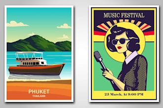 reate illustrated vintage retro poster or flyer for travel art deco wall art