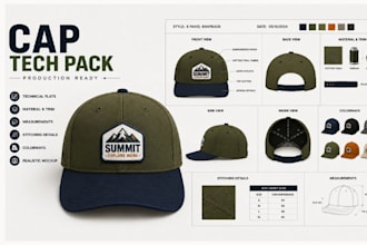 create cap tech pack, cap design, bucket hat, technical flats with mockup
