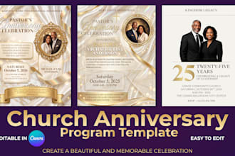 church anniversary program template design, editable canva church program