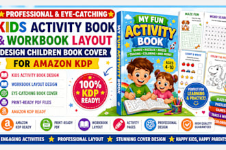 do kids activity book, workbook layout design children book cover for amazon KDP