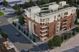 remodel brick apartment exterior, urban development cgi, render site plan layout