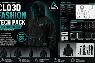 create clo3d fashion tech pack and 3d clothing design for production
