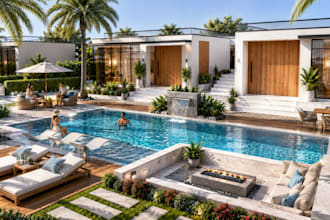 design a stunning 3d swimming pool, backyard, patio and outdoor living space