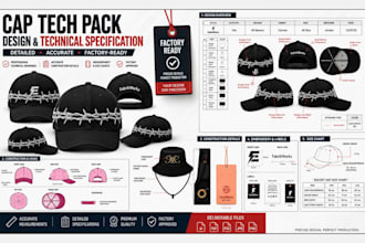 create custom cap tech pack, hat design, trucker cap, mockup for manufacturing