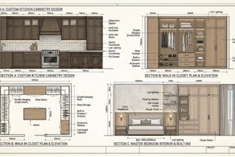 design custom kitchen cabinets drawing, walk in closets and bedroom interiors