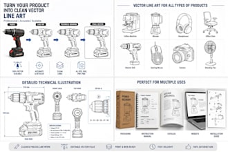 draw clean vector line art technical line drawing and product illustrations