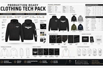 create clothing tech pack, fashion tech pack and flat sketch for manufacturing