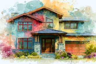 paint a watercolor house portrait or city space illustration