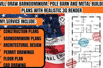 draw barndominium, pole barn and metal building  plans with realistic 3d render